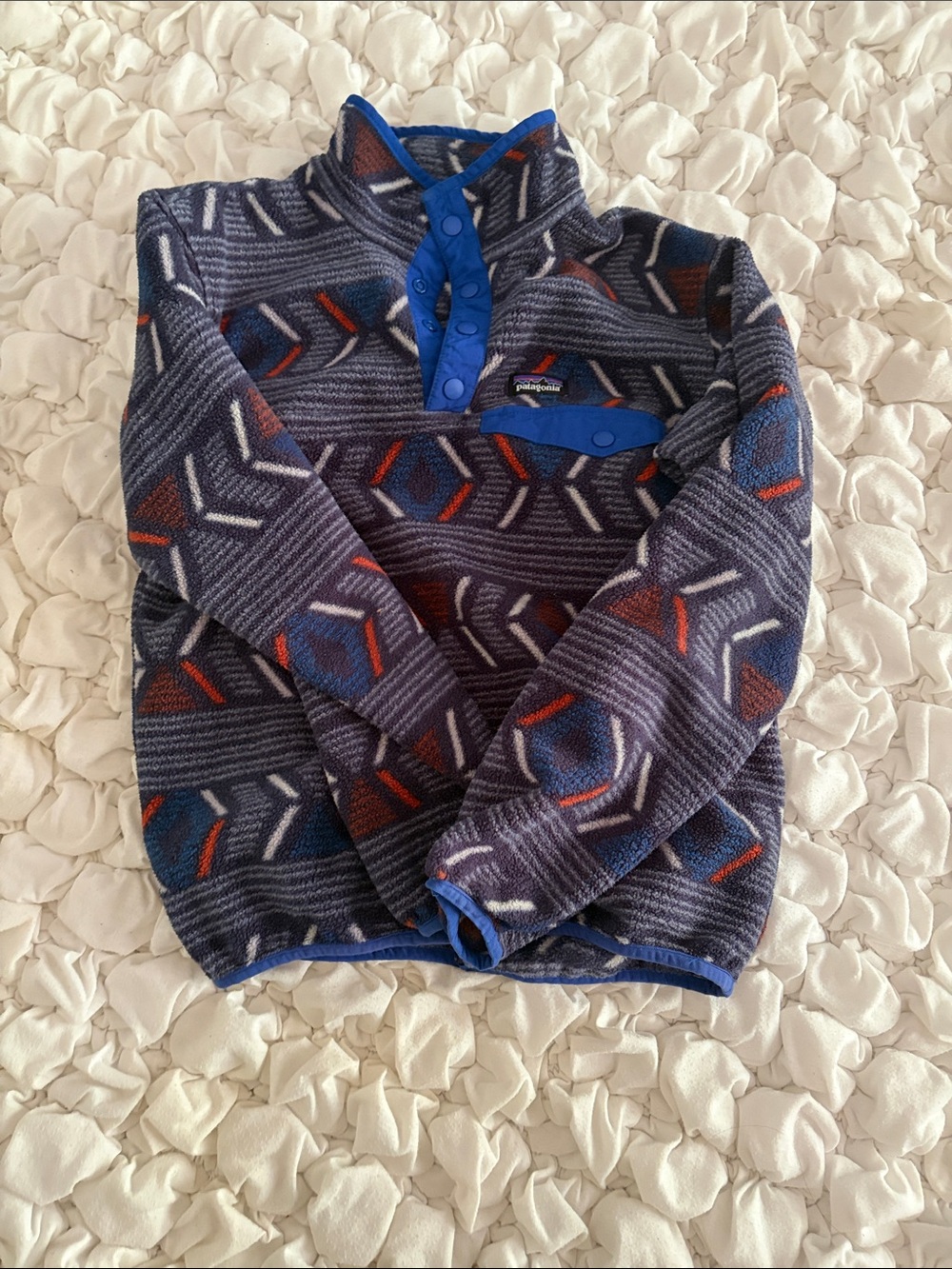 Patagonia Men’s Navy Patterned Fleece Zip Snap Pullover with Blue Accents
